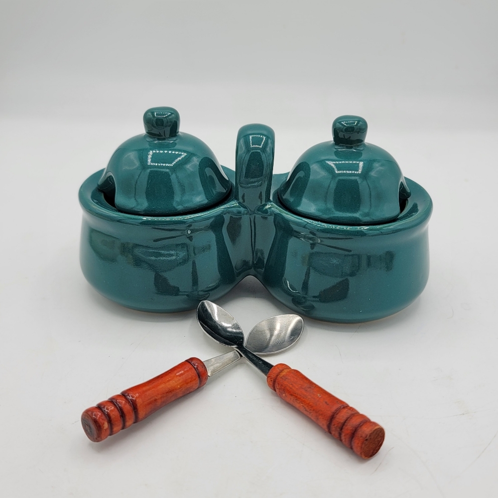 Teal Ceramic Vintage Taiwan Double Condiment Jar with Lids & Wooden Handle Spoon - Picture 2 of 8
